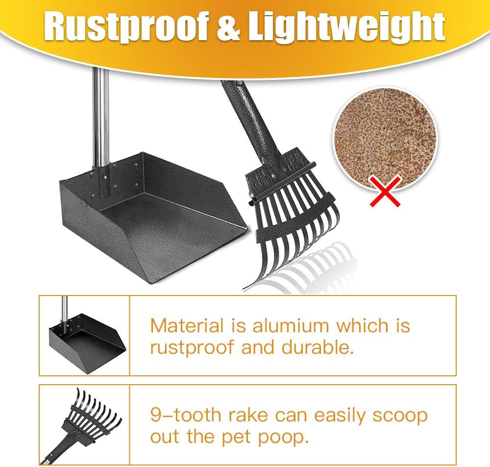 Pooper Scooper, Dog Pooper Scooper Long Handle Stainless Metal Tray and Rake