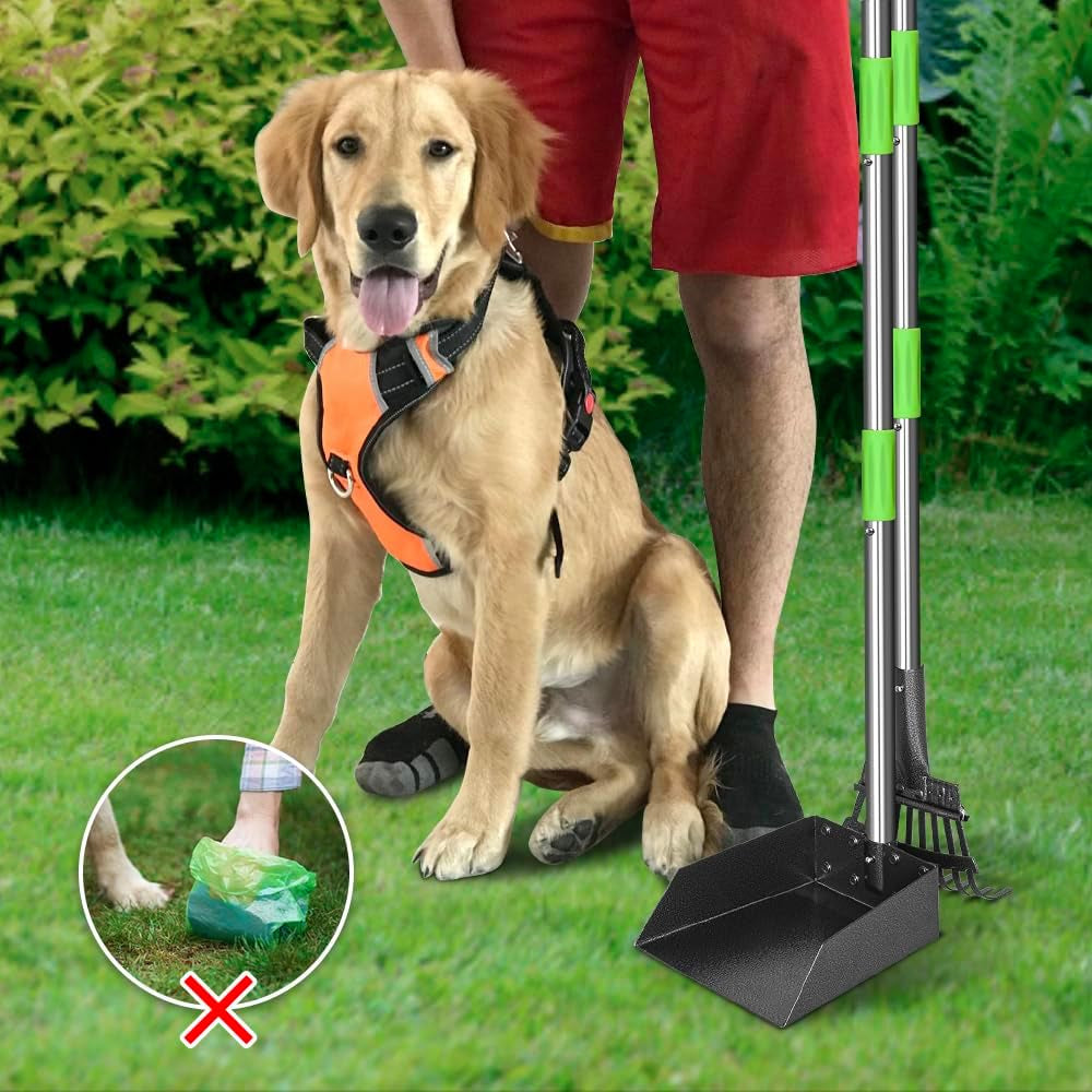 Pooper Scooper, Dog Pooper Scooper Long Handle Stainless Metal Tray and Rake