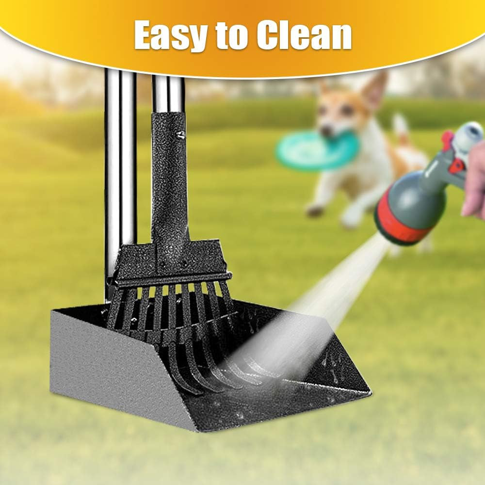Pooper Scooper, Dog Pooper Scooper Long Handle Stainless Metal Tray and Rake