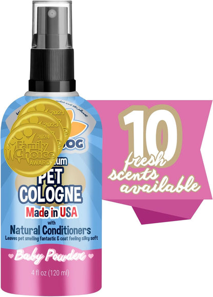 Natural Dog Cologne (Baby Powder) - Premium Scented Deodorizing Pet Perfume with Conditioner for Dogs & Cats - Keeps Pets Fresh & Clean - Made in USA (4 Fl Oz)