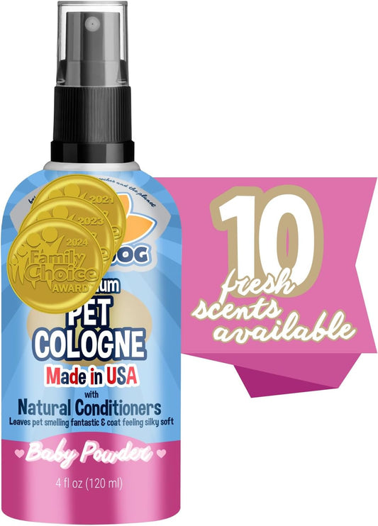 Natural Dog Cologne (Baby Powder) - Premium Scented Deodorizing Pet Perfume with Conditioner for Dogs & Cats - Keeps Pets Fresh & Clean - Made in USA (4 Fl Oz)