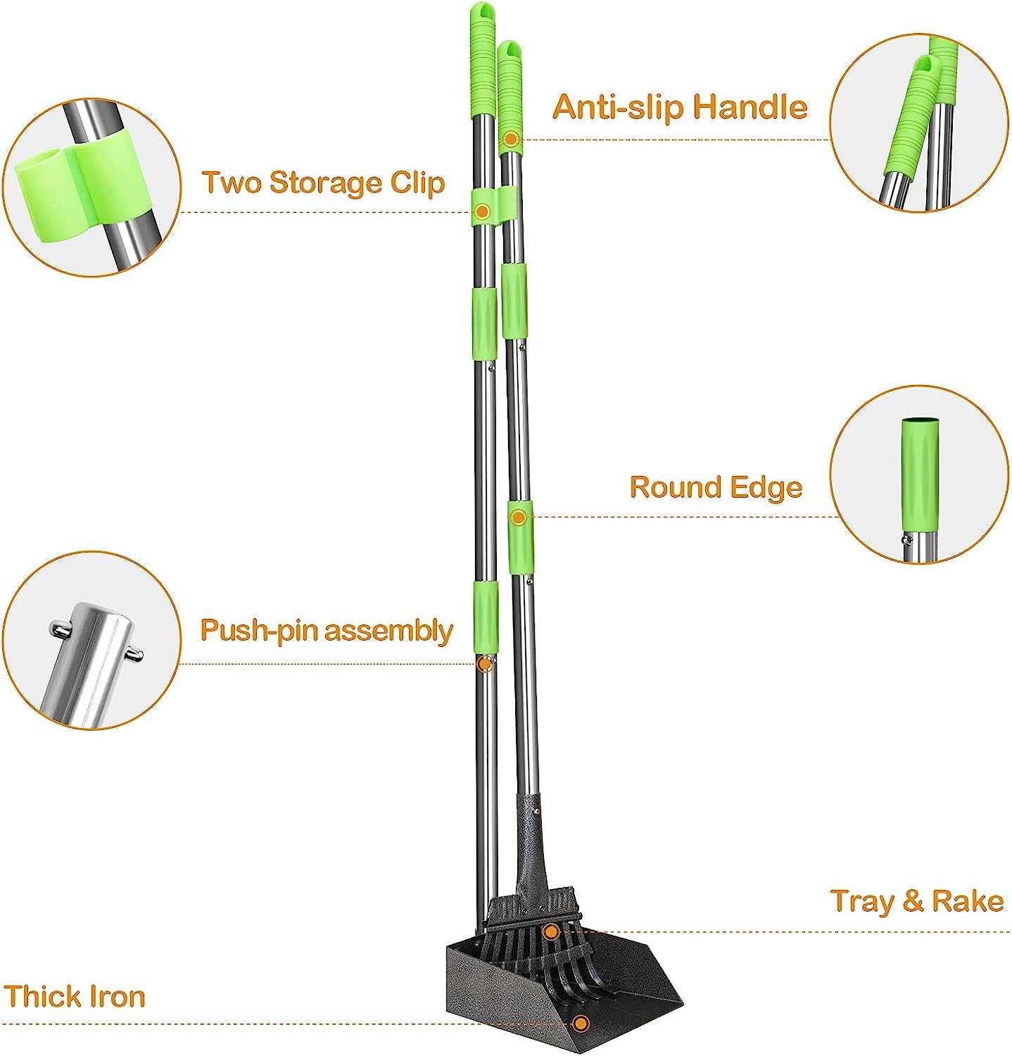 Pooper Scooper, Dog Pooper Scooper Long Handle Stainless Metal Tray and Rake