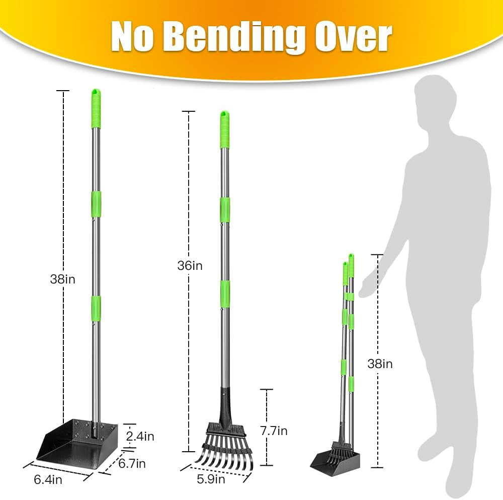 Pooper Scooper, Dog Pooper Scooper Long Handle Stainless Metal Tray and Rake