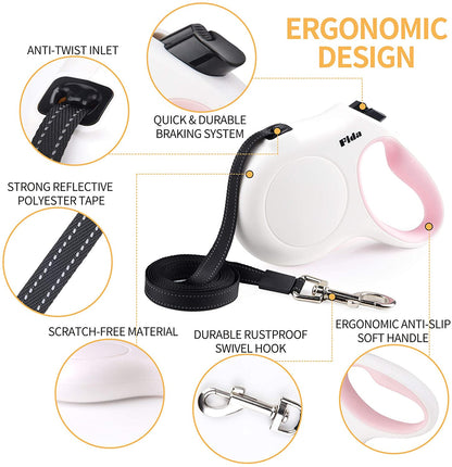 Retractable Dog Leash with Dispenser and Poop Bags,(XS, White)