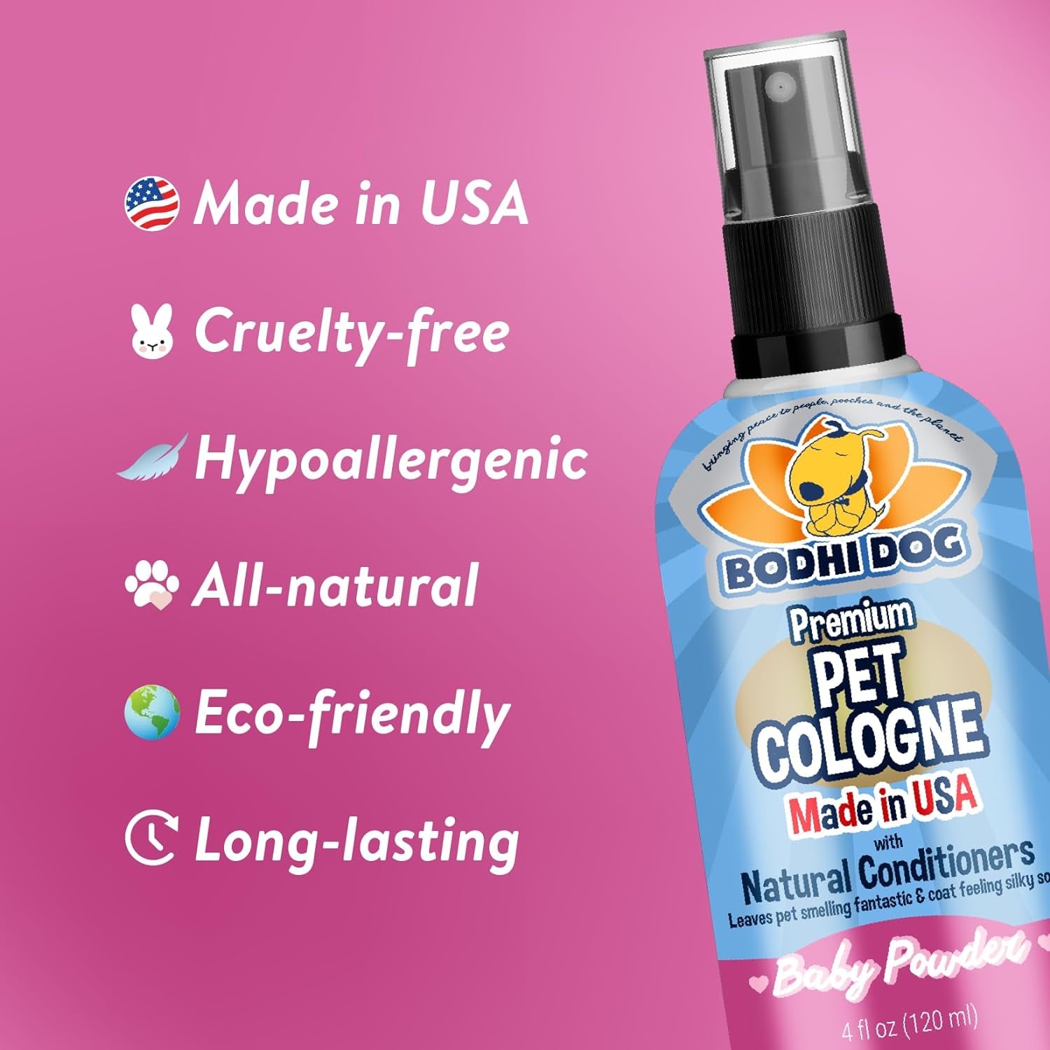 Natural Dog Cologne (Baby Powder) - Premium Scented Deodorizing Pet Perfume with Conditioner for Dogs & Cats - Keeps Pets Fresh & Clean - Made in USA (4 Fl Oz)