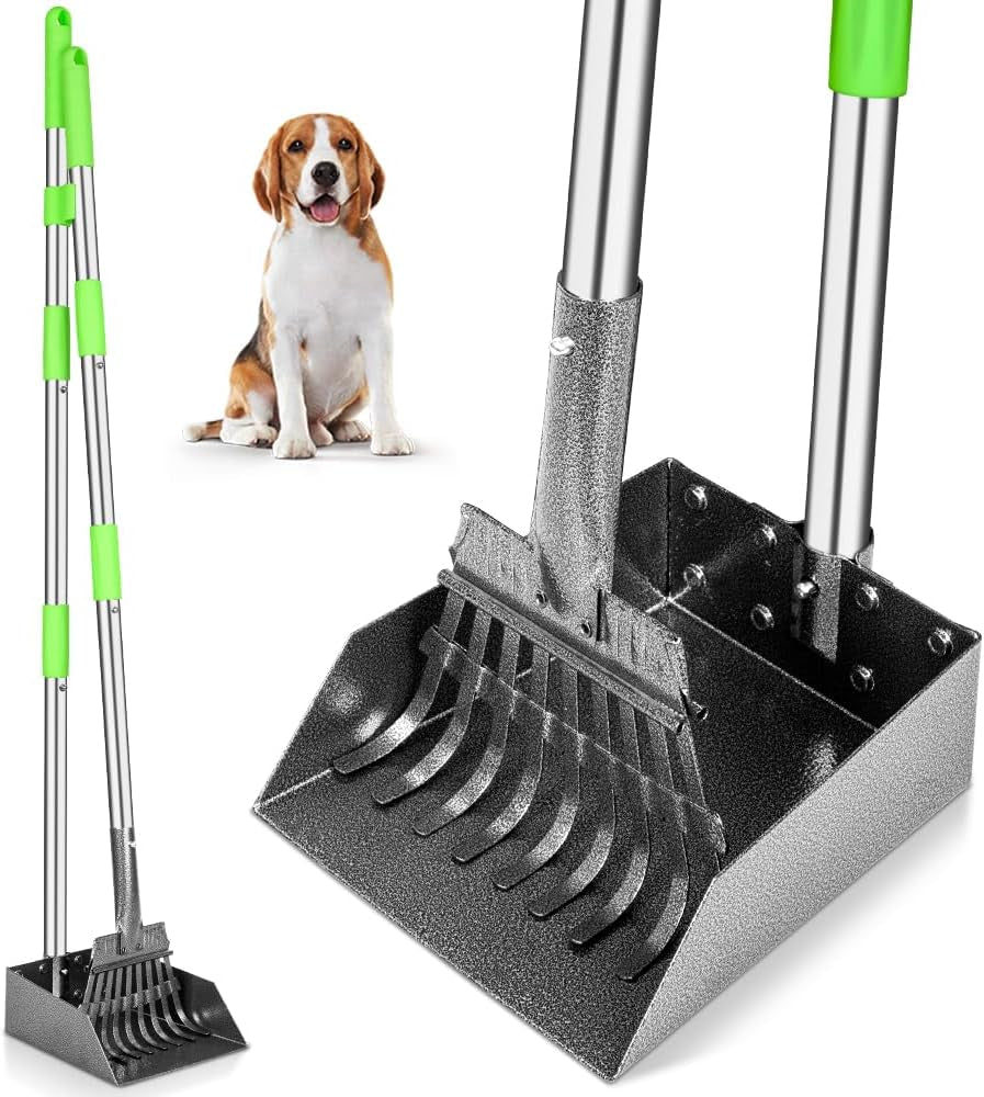 Pooper Scooper, Dog Pooper Scooper Long Handle Stainless Metal Tray and Rake