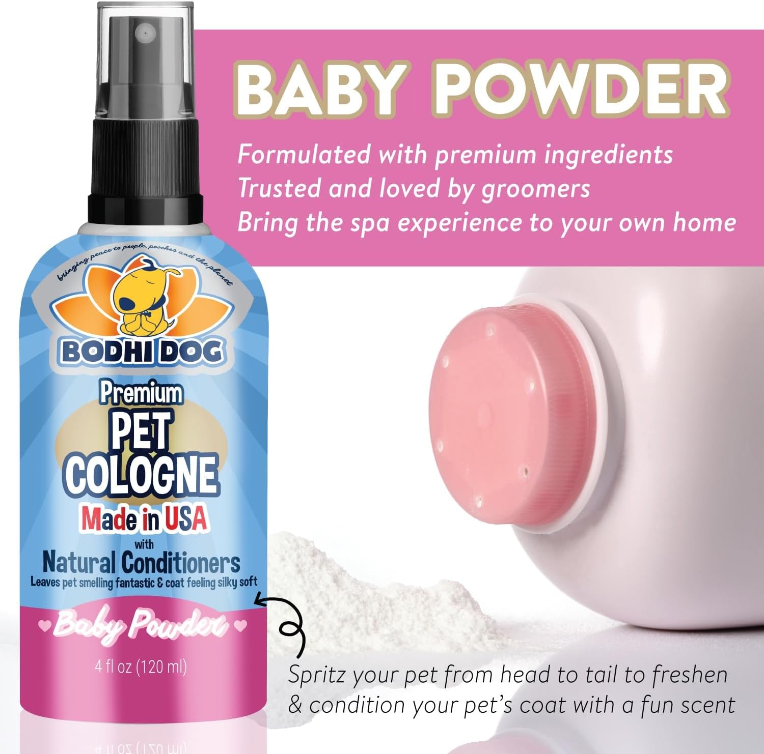 Natural Dog Cologne (Baby Powder) - Premium Scented Deodorizing Pet Perfume with Conditioner for Dogs & Cats - Keeps Pets Fresh & Clean - Made in USA (4 Fl Oz)